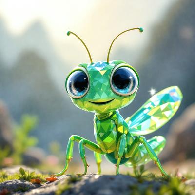 The primary subject of the image is a green and yellow cartoon-like insect, possibly a grasshopper or a dragonfly, with big eyes and a smile on its face. The insect is standing on a rocky surface, which serves as the setting for the scene. The visual style of the image is digital art, as it appears to be a computer-generated or digitally illustrated character. The colors and mood of the image are vibrant and cheerful, with the green and yellow colors of the insect creating a l